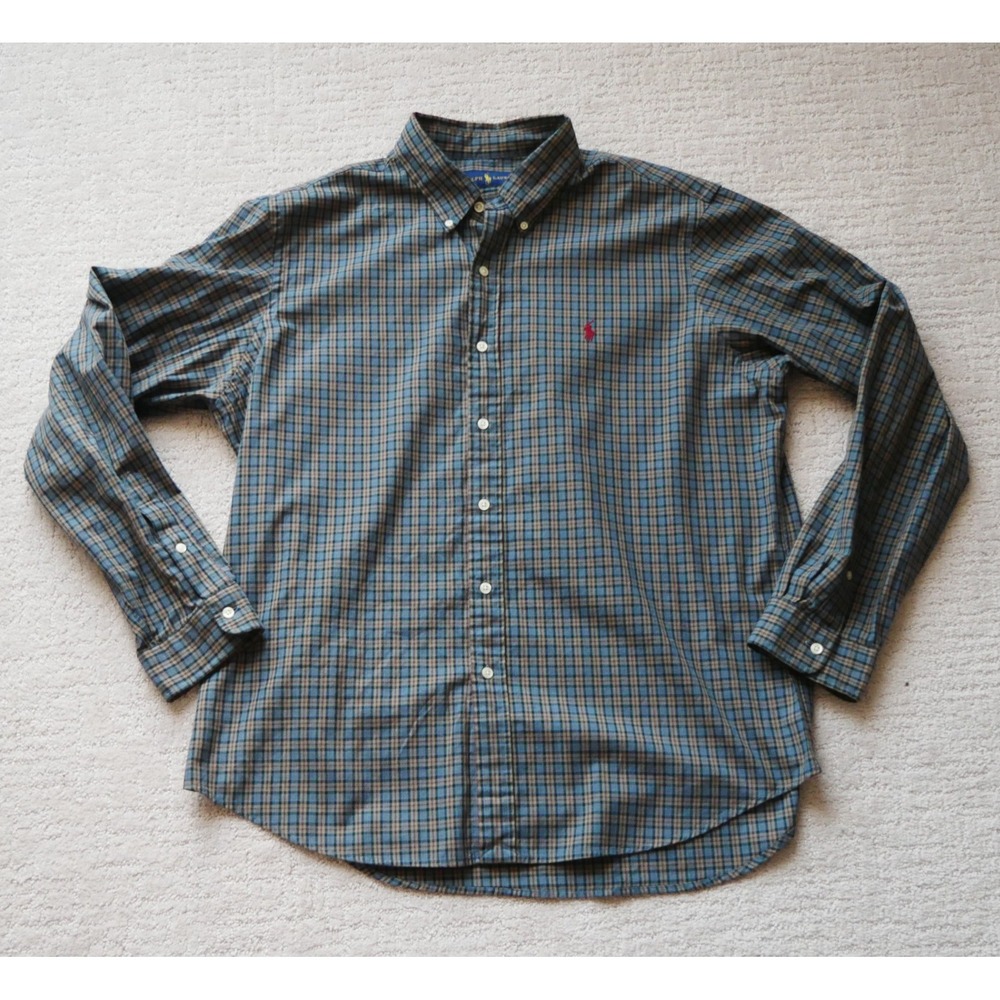 Polo Ralph Lauren Mens XL Plaid Button Down Shirt Blue Green Brown Long Sleeve
